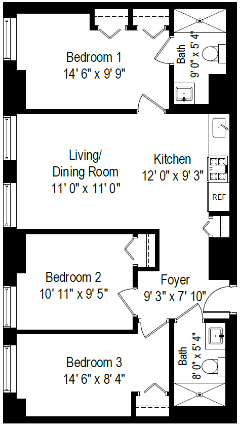 Floor plan for 3 beds, 2 baths, 755 sqft